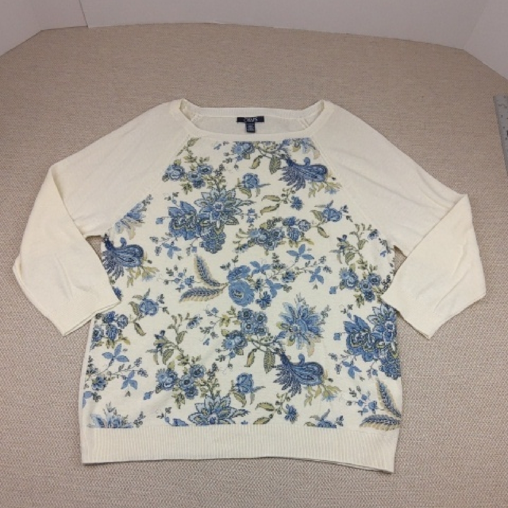 Chaps Ralph Lauren Blue and‎ White Ladies Floral Sweater, Size XL